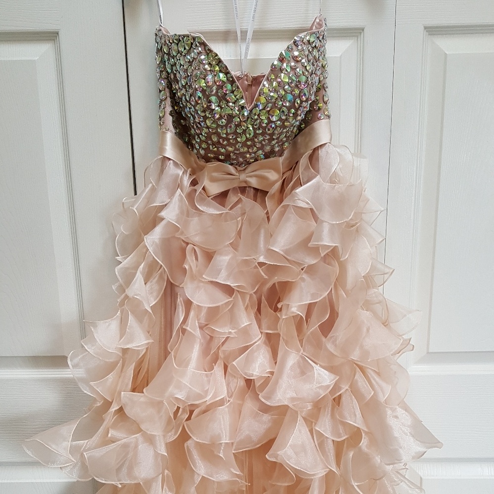 Sherri Hill Iridescent Sequin and Peach Ruffle Dress